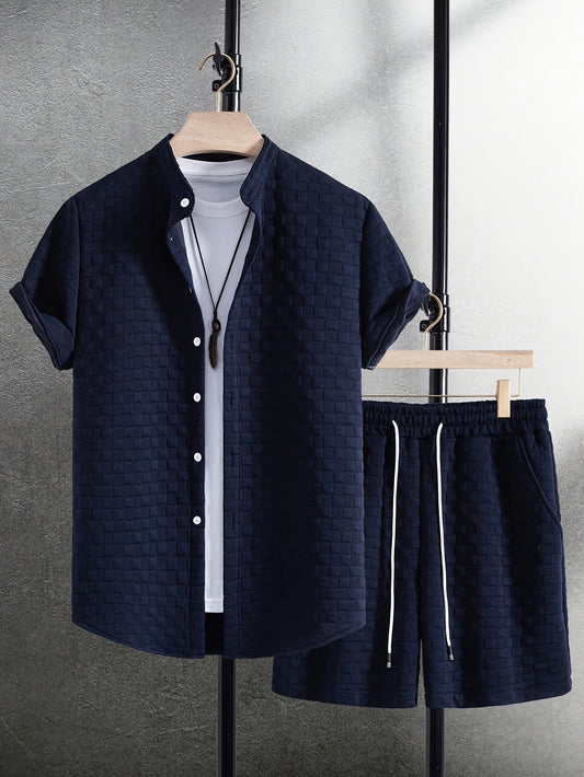 Men’s Summer Casual Set – Short Sleeve Shirt & Shorts (Navy Blue)